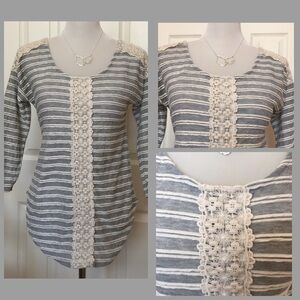 Gray and cream striped top with crochet lace